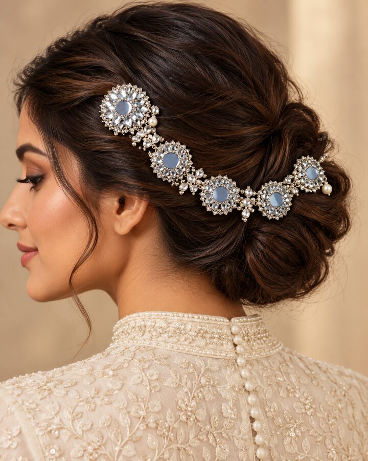Silver Kundan Hair Accessory worn view