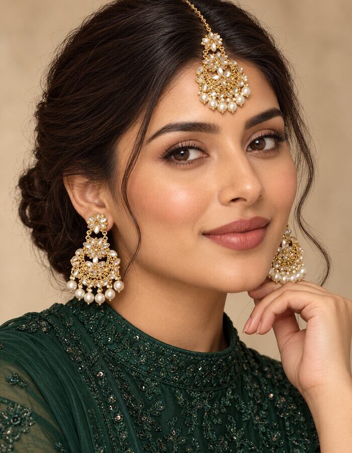 Pearl Kundan Jhumka Bindiya Set worn view