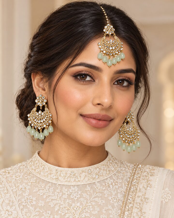 Mint Kundan Jhumka Bindiya Set worn view