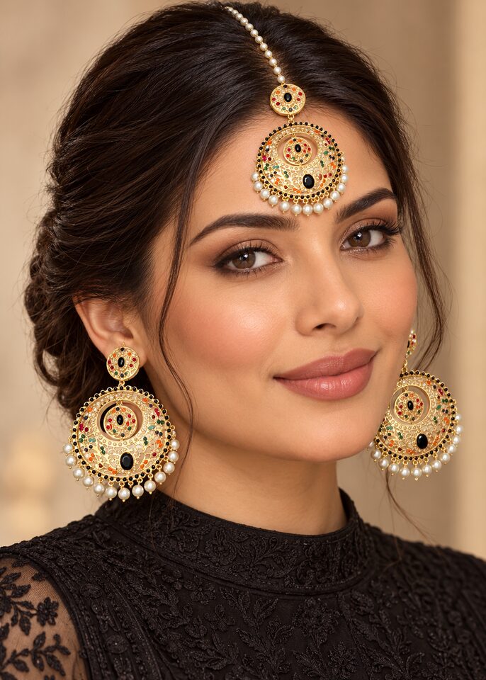 Black Nauratan Jhumka Bindiya Set worn view