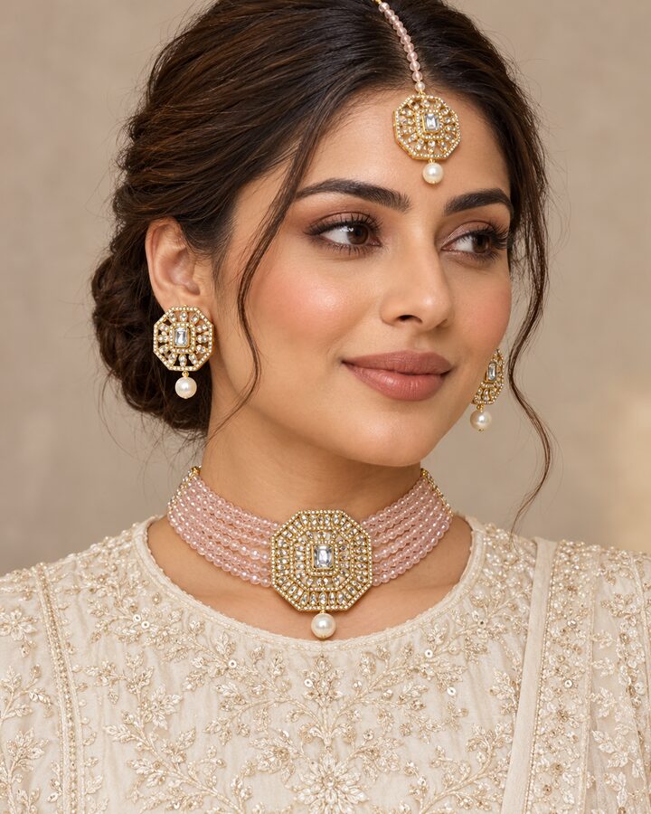 Pink Embellished Jewellery Set worn view