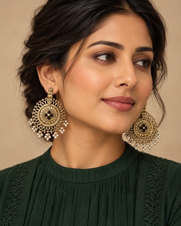 Black Oxidised Earrings worn view