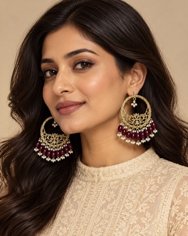 Maroon Oxidised Earrings worn view