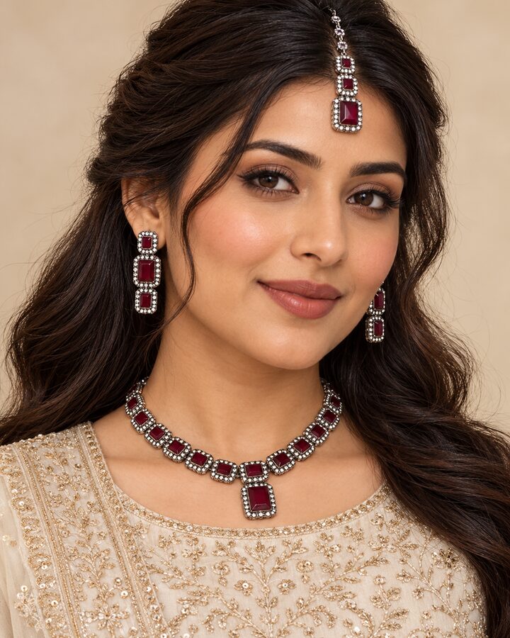 Maroon Antique Jewellery Set worn view