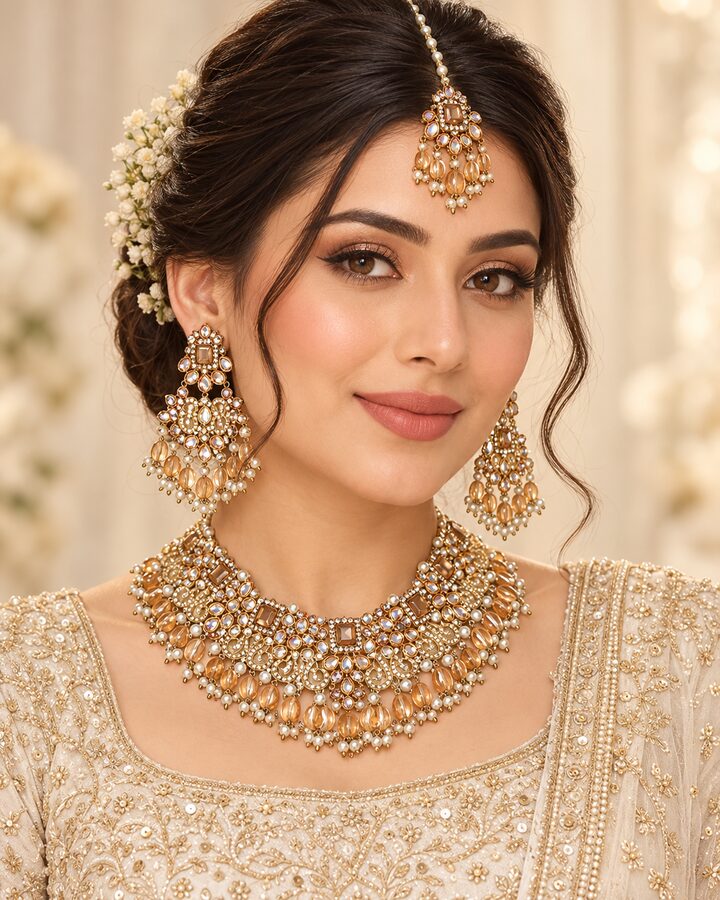Champagne Bridal Jewellery Set worn view