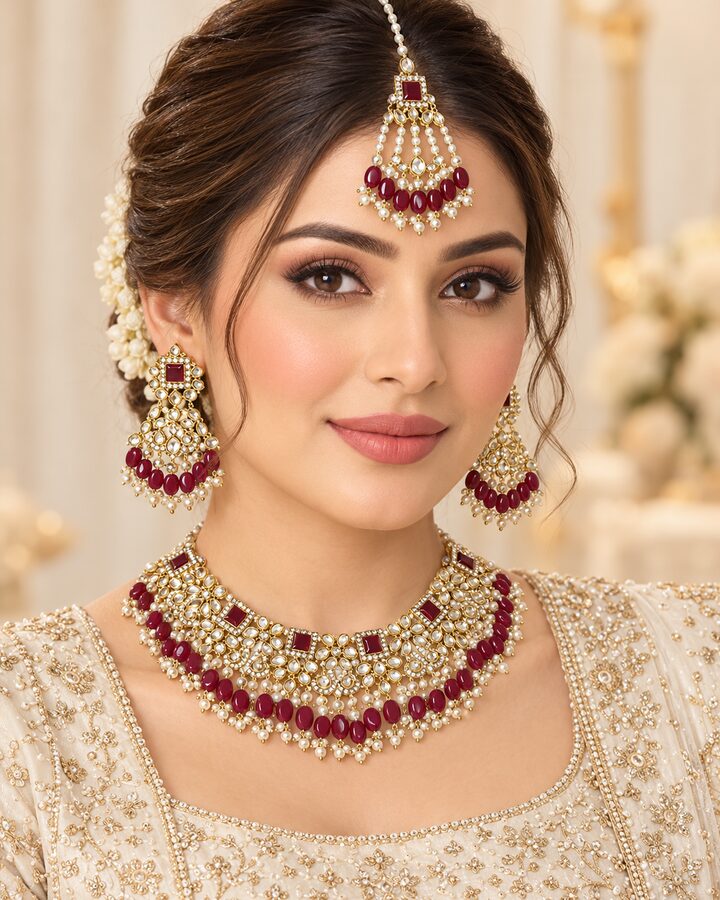 Maroon Bridal Jewellery Set worn view