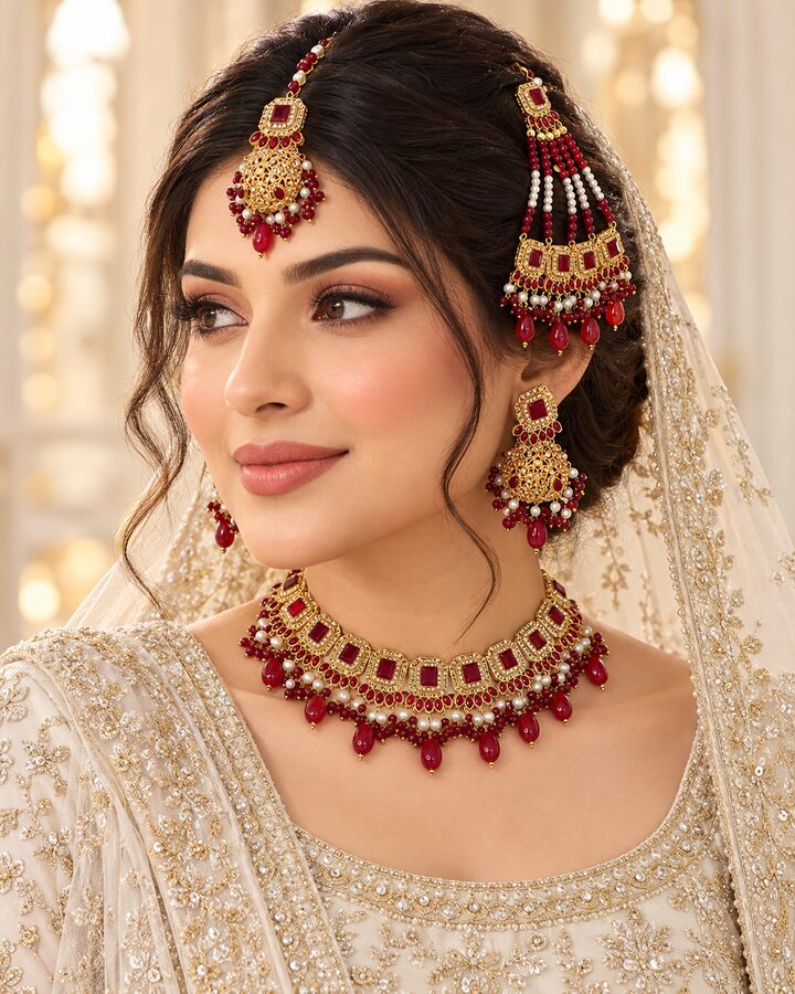 Maroon Embellished Necklace Set worn view