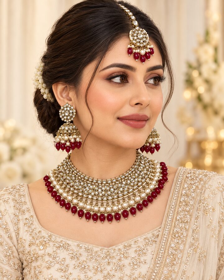 Indian Kundan Bridal Set (maroon) worn view