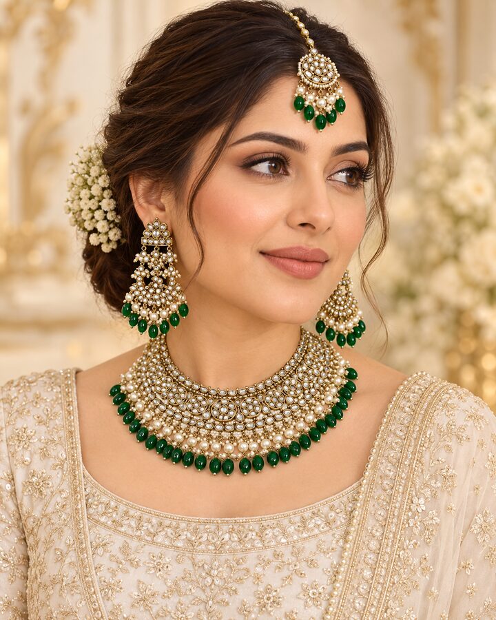 Indian Kundan Bridal Set (Green) worn view