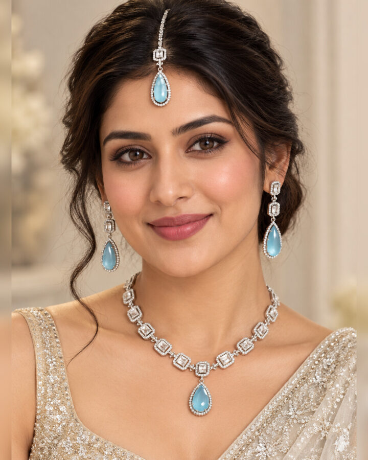 Premium Quality AD Neckalce Set (Silver) worn view