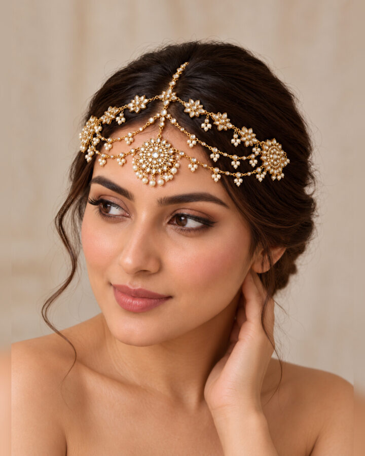 Golden Kundan Matha Patti worn view