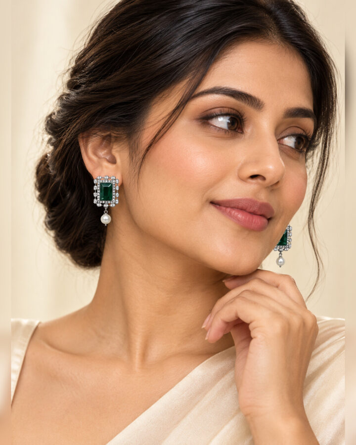 Green Embellished Earrings in Silver Tone worn view