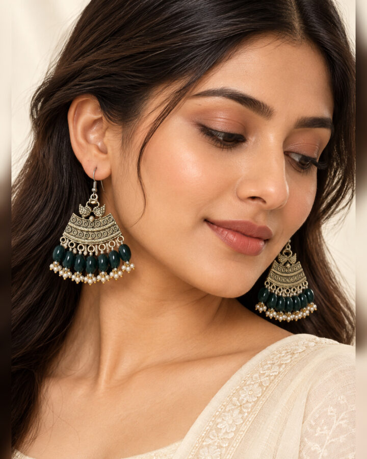 Green Oxidised Earrings worn view