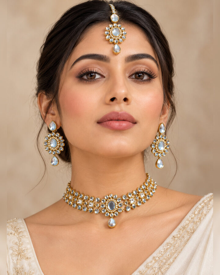 White Kundan Jewellery Set worn view