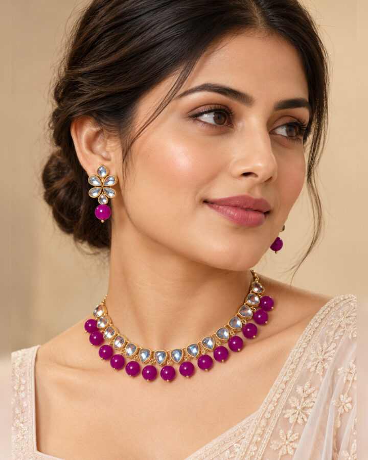 Hot Pink and Pink Kundan Necklace Set worn view