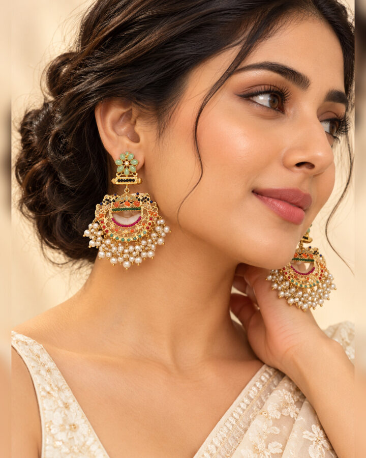 Mint Nauratan Jhumka Earrings worn view