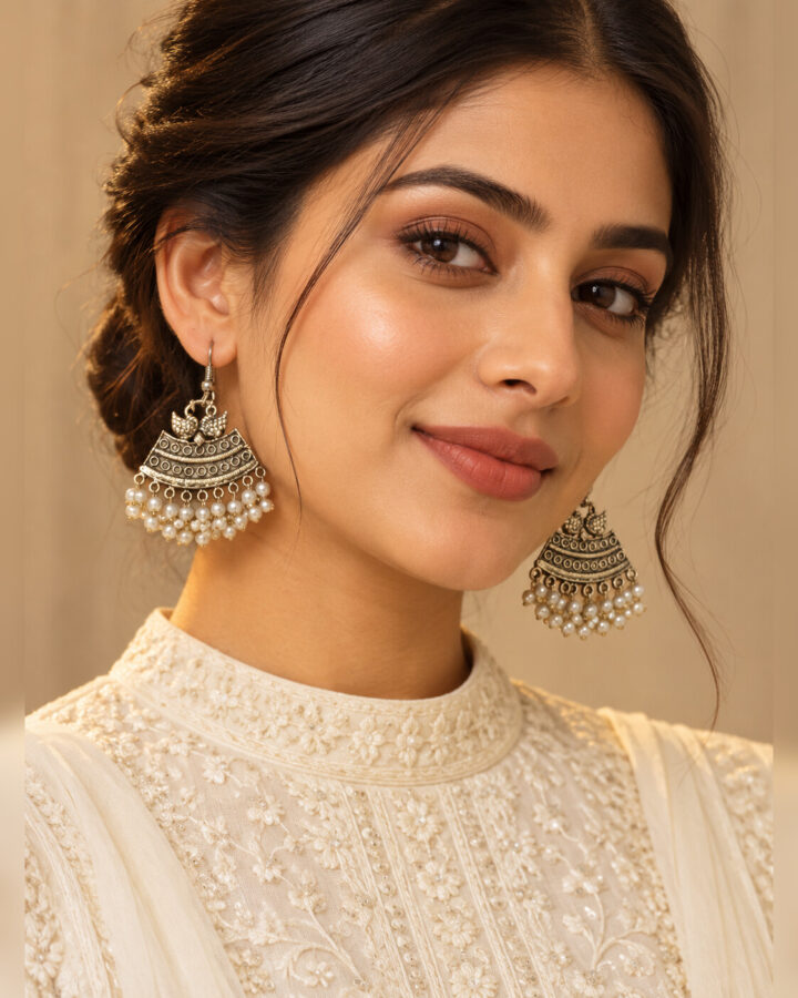 Pearl Oxidised Earrings worn view
