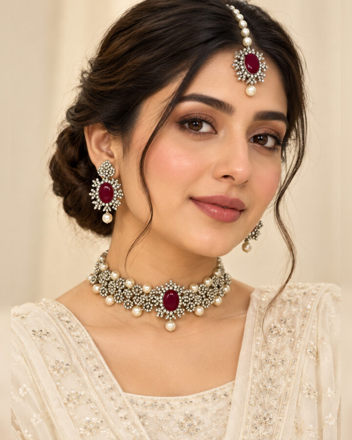Maroon Embellished Jewellery Set in Silver Tone worn view