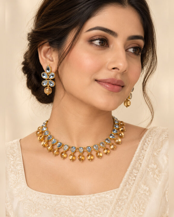 Champagne Kundan Jewellery Set worn view