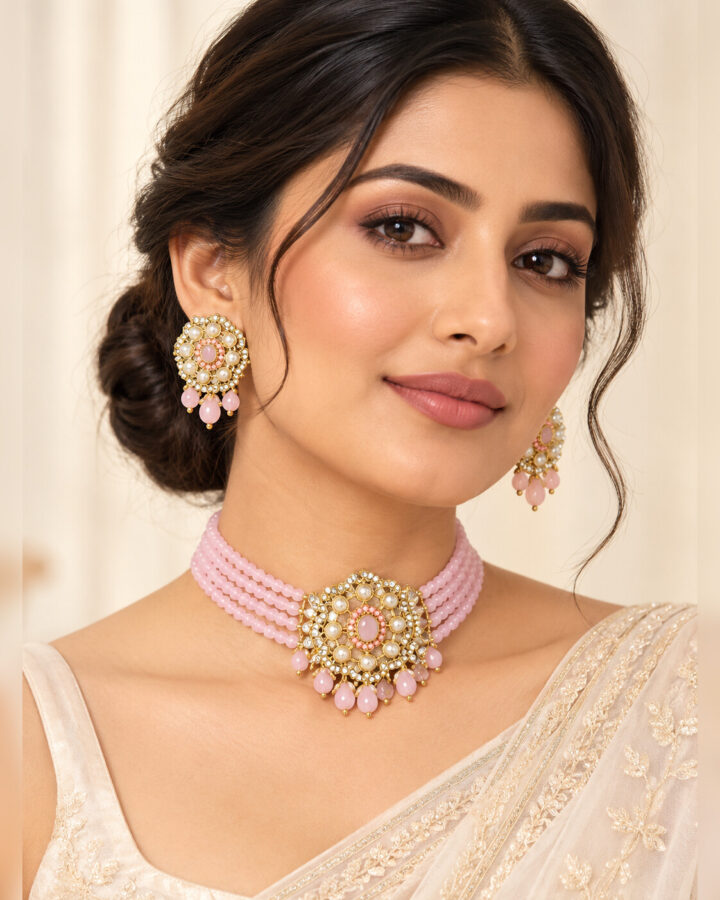 Pink Embellished Jewellery Set worn view