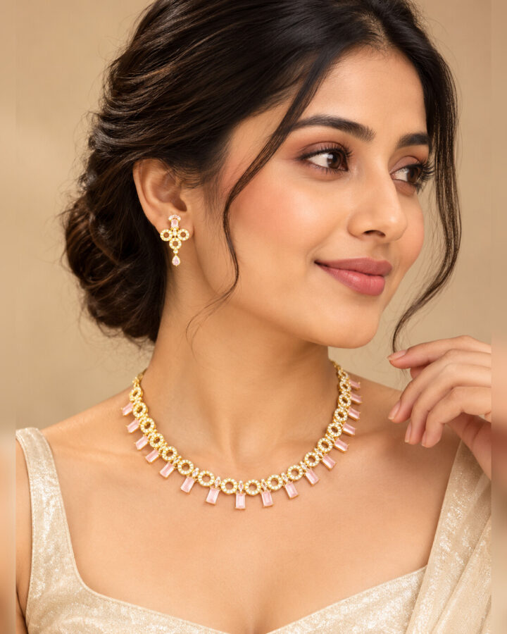 Pink American Diamond Jewellery Set worn view