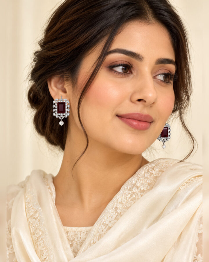 Maroon Embellished Earrings in Silver Tone worn view