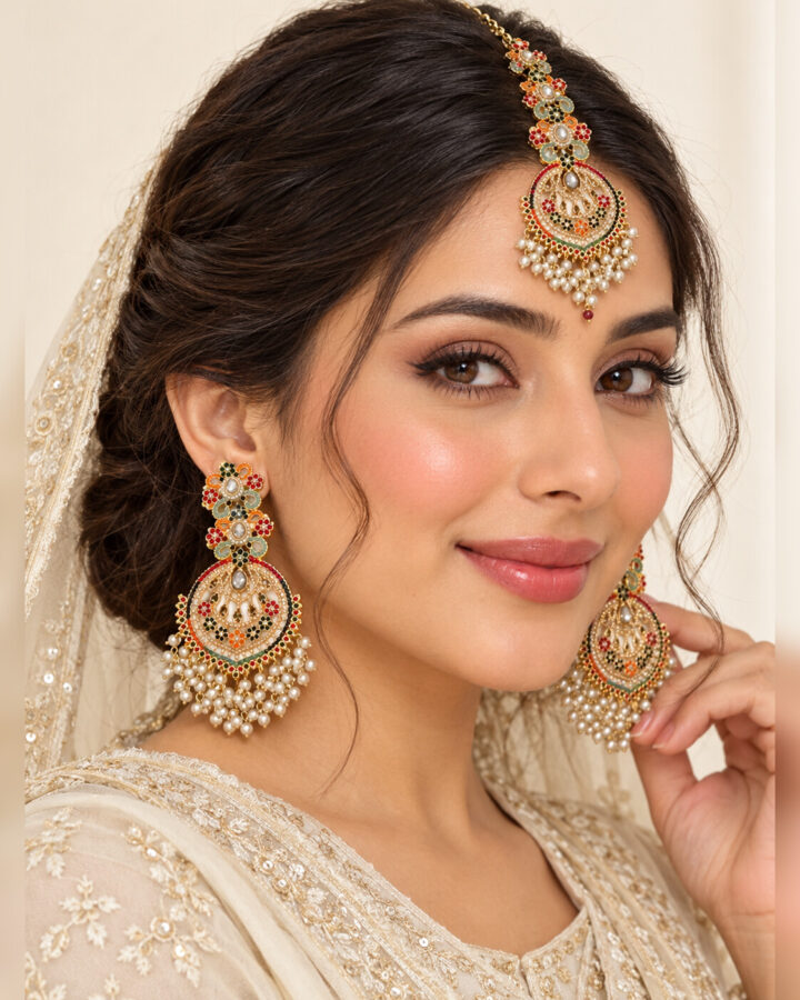 Champagne Nauratan Jhumka Bindiya Set worn view