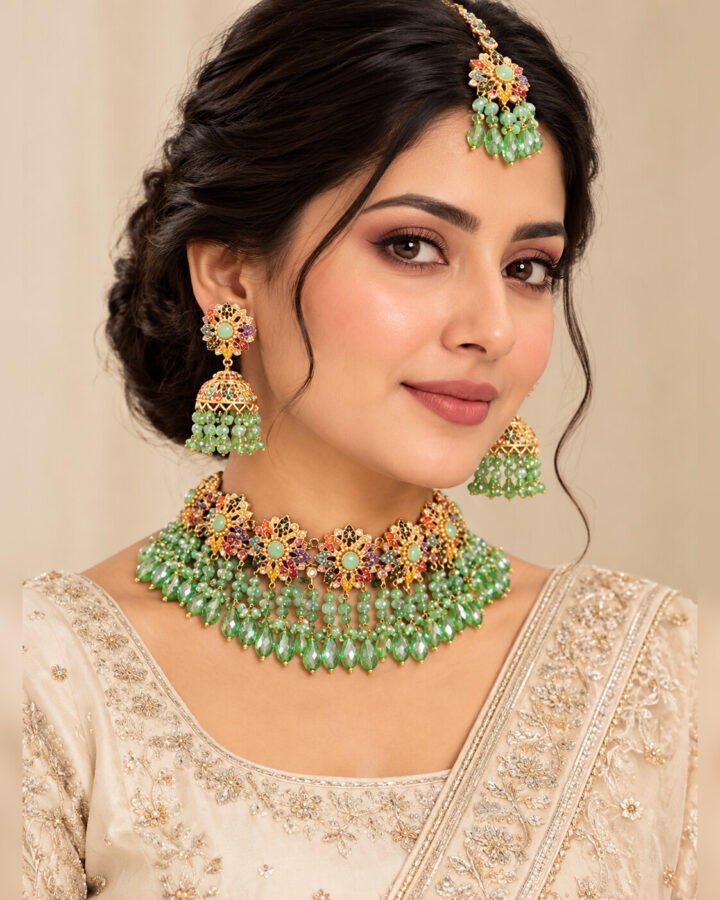 Mint Nauratan Jewellery Set worn view