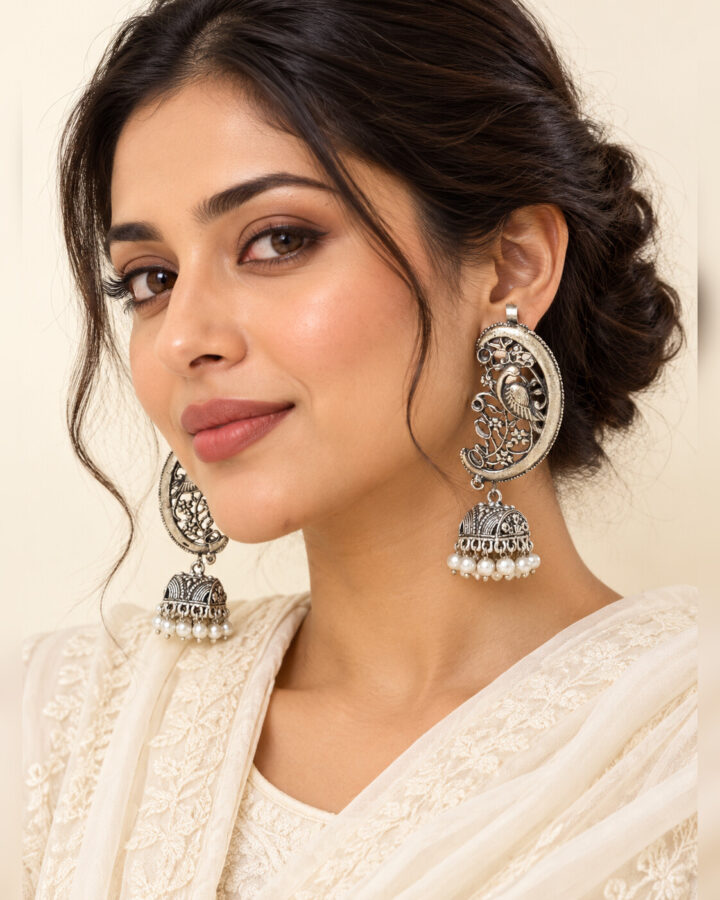 Pearl Oxidised Earrings worn view