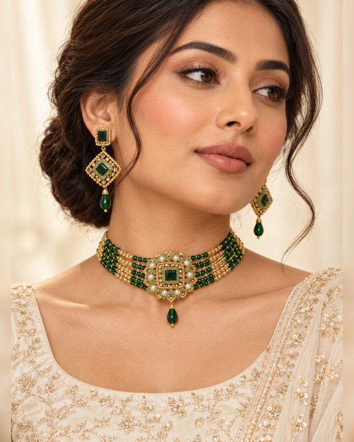 Green Nauratan Choker Set worn view