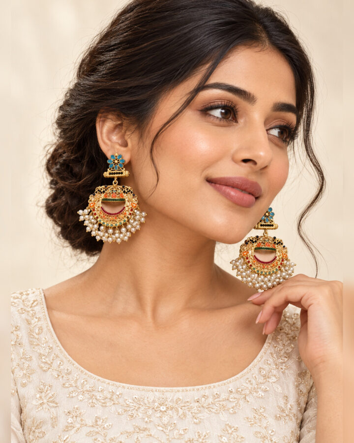 Blue Nauratan Jhumka Earrings worn view