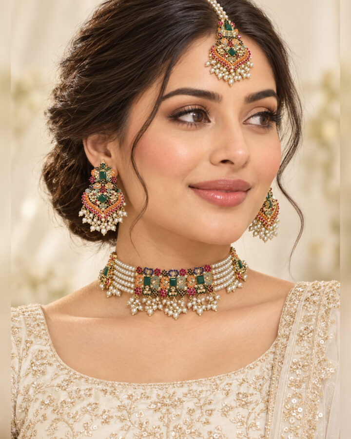 Green Nauratan Choker Set worn view