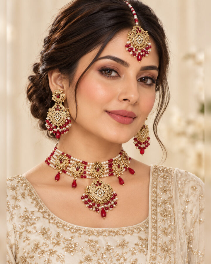 Red Embellished Choker Set worn view
