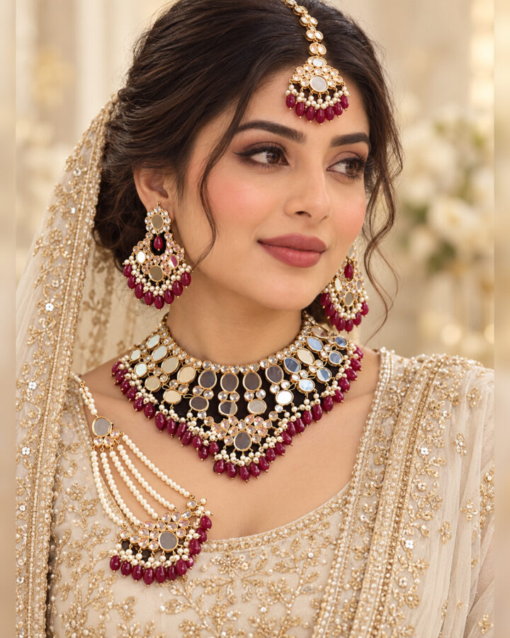 Maroon Bridal Jewellery Set worn view