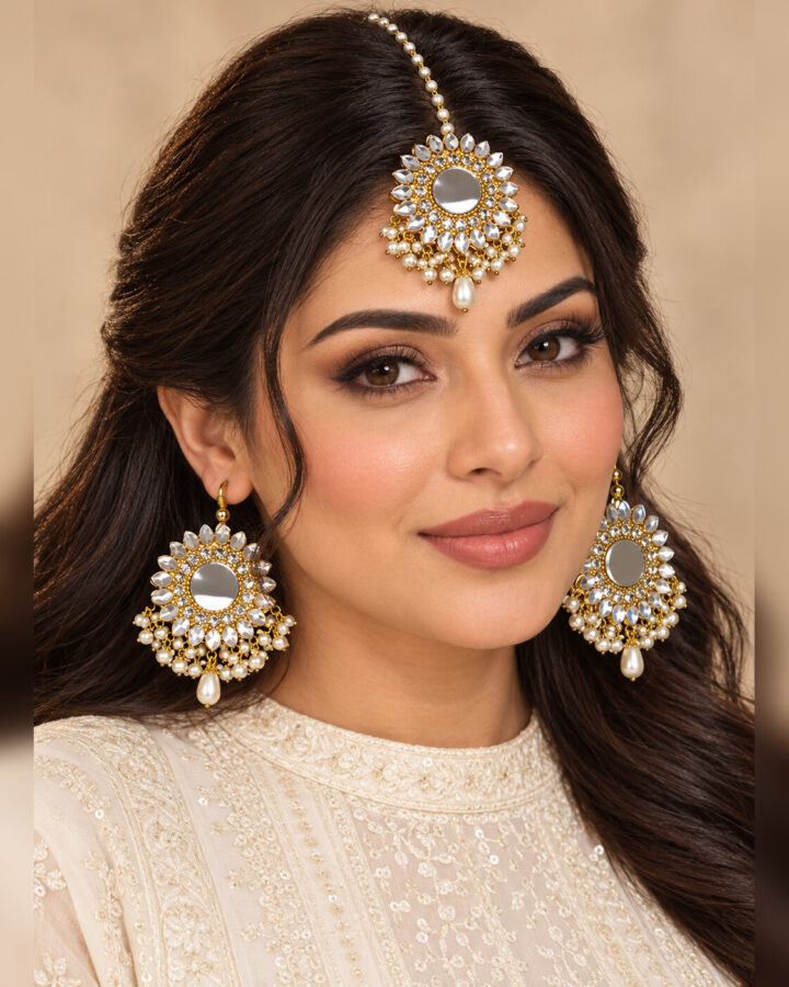 Golden Kundan Jhumka Bindiya Set worn view