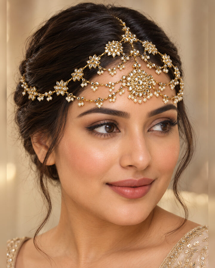 Golden Kundan Matha Patti worn view