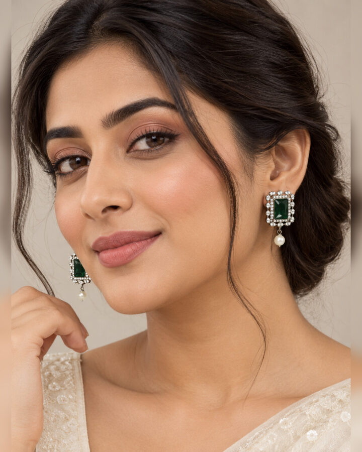 Green Embellished Earrings in Silver Tone worn view
