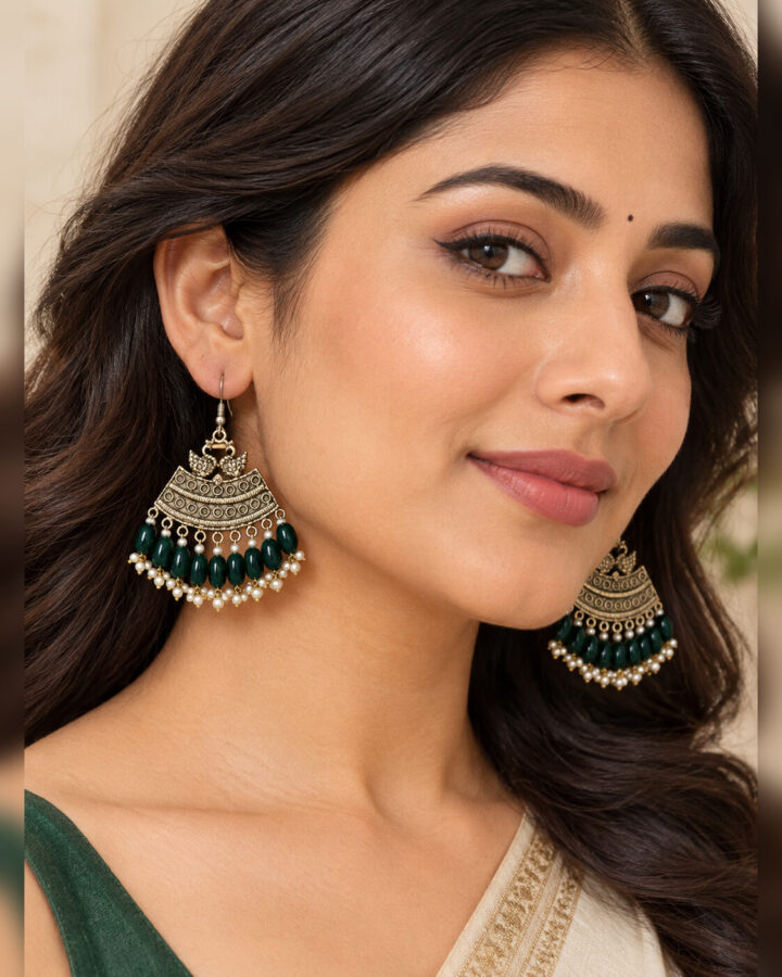 Green Oxidised Earrings worn view