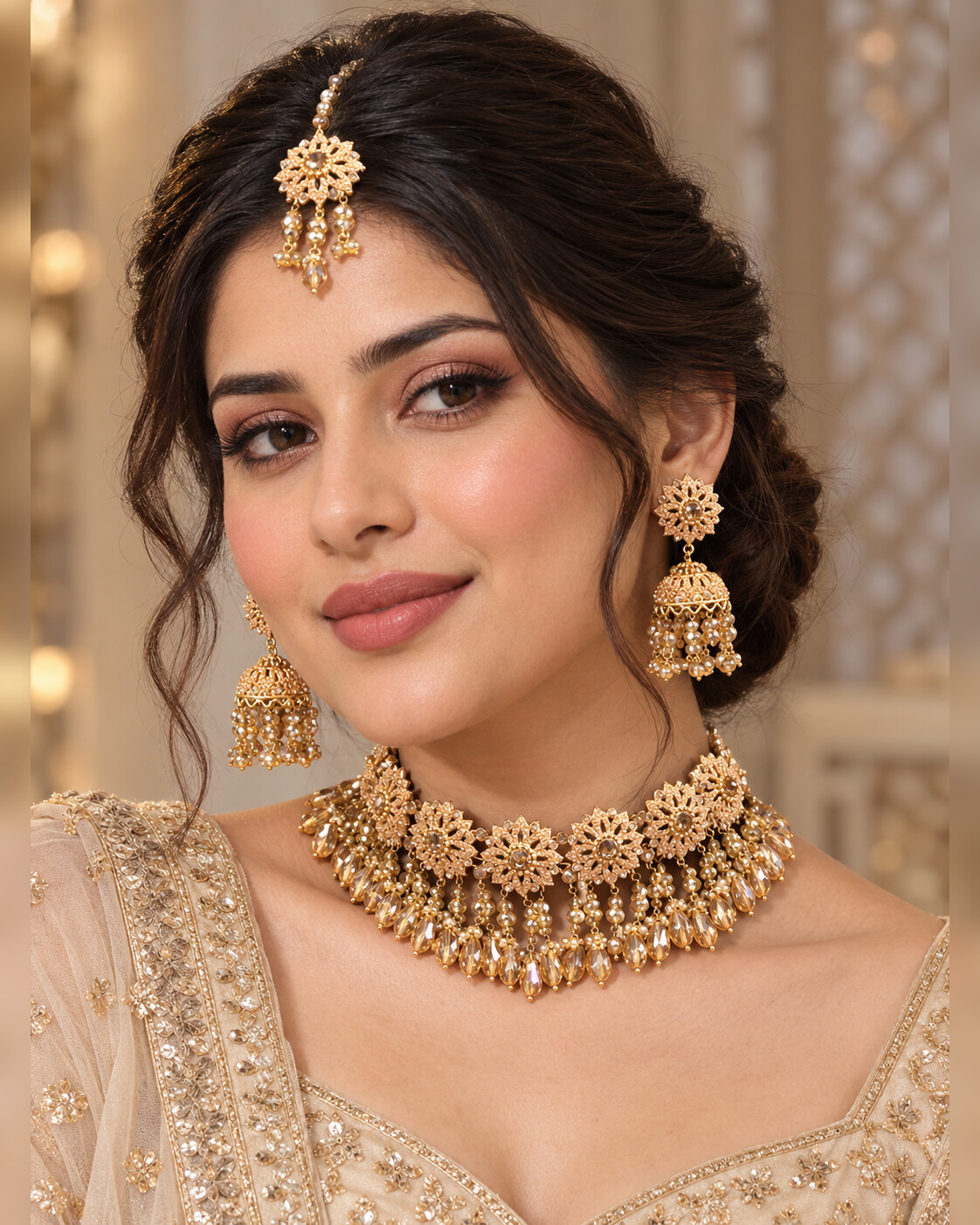 Champagne Nauratan Jewellery Set worn view