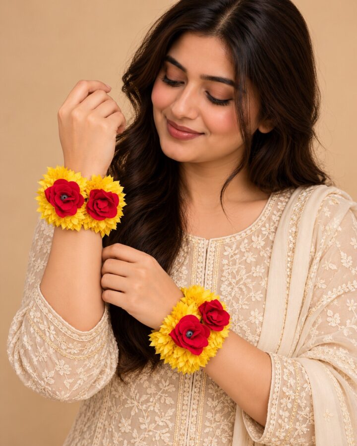 Red and Yellow Flower Jewellery Piece worn view