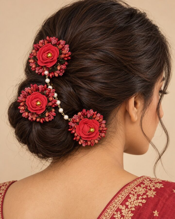 Ruby Flower Hair Accessory worn view