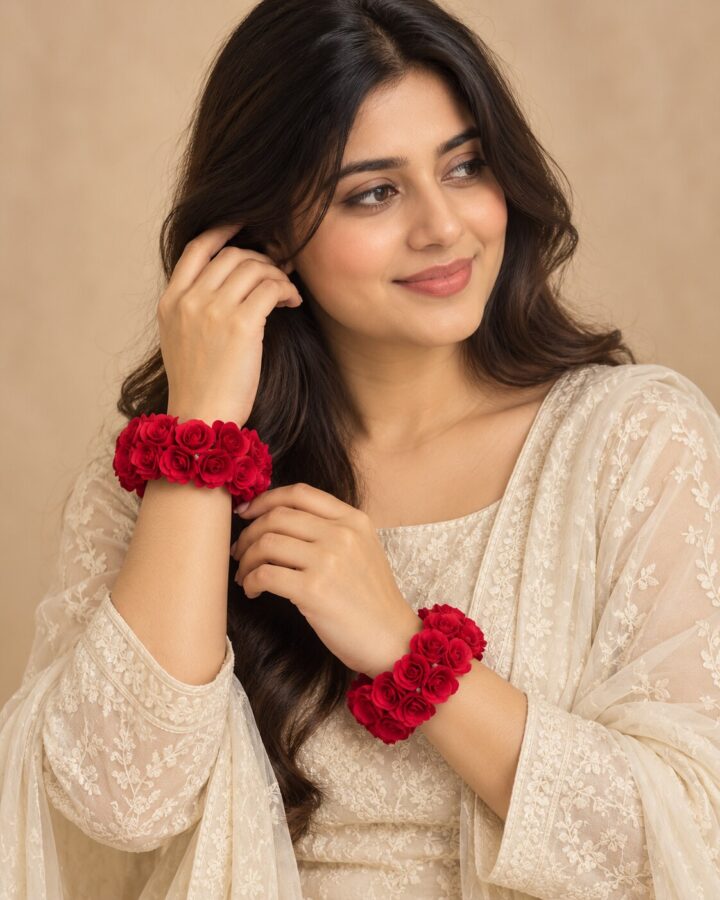 Red Flower Jewellery Piece worn view