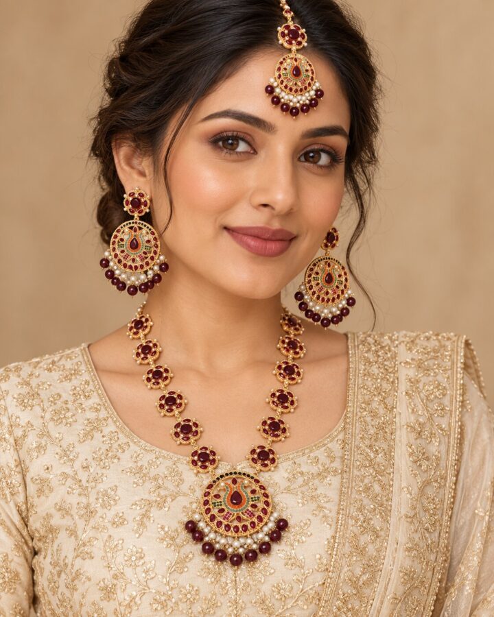 Maroon Kundan Mala Set worn view