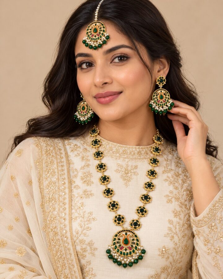 Green Kundan Mala Set worn view