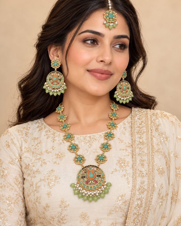 Mint Kundan Mala Set worn view