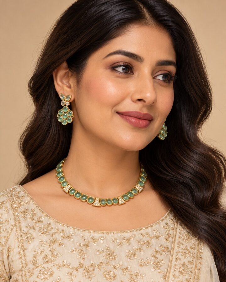 Mint Embellished Necklace Set worn view