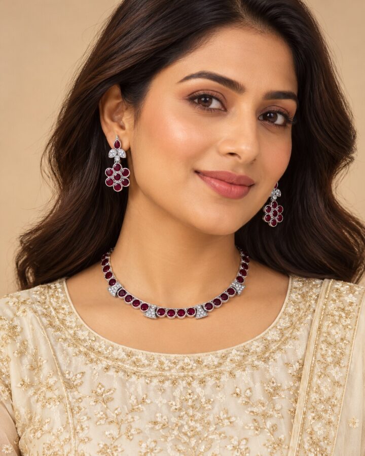 Maroon Embellished Necklace Set worn view