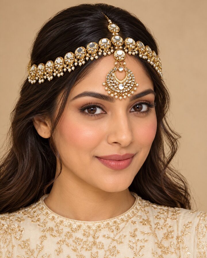 Golden Kundan Matha Patti worn view