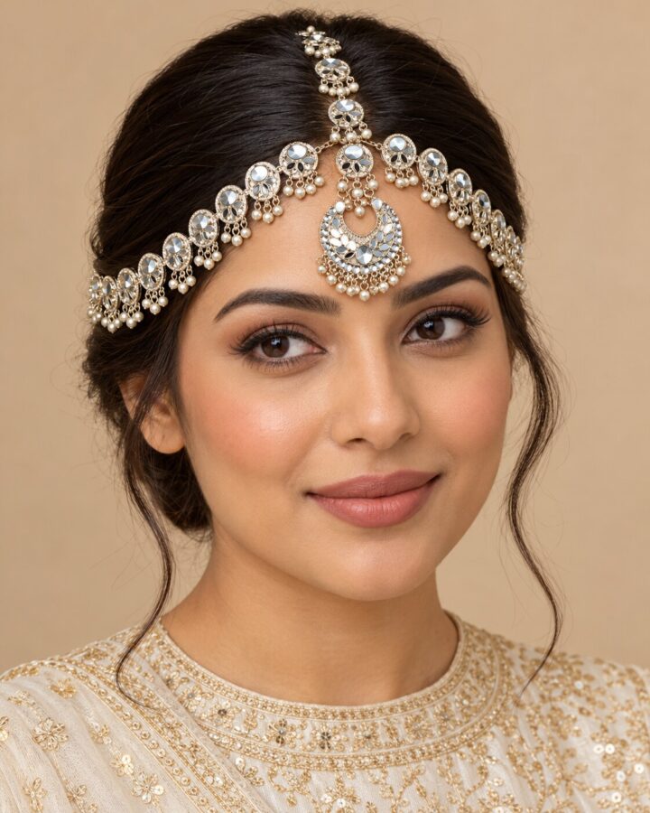 Silver Kundan Matha Patti worn view