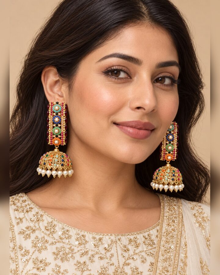 Maroon Nauratan Jhumka Earrings worn view